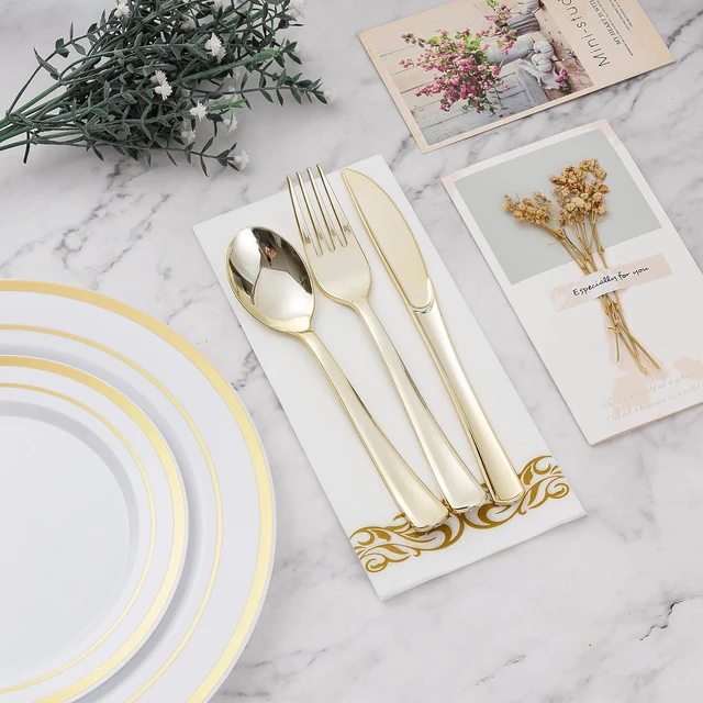 Alt view image 5 of 6 - 700 PCS Disposable White and Gold Plastic Plates for 100 Guests | Gold Plates Sets Include: 200 Plastic Plates, 100 Gold Silverware, 100 Cups, 100 Paper Napkins for Party, Wedding, Christmas