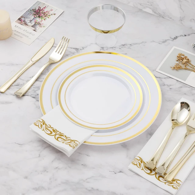 Alt view image 6 of 6 - 700 PCS Disposable White and Gold Plastic Plates for 100 Guests | Gold Plates Sets Include: 200 Plastic Plates, 100 Gold Silverware, 100 Cups, 100 Paper Napkins for Party, Wedding, Christmas