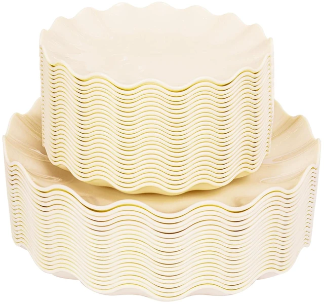 Main image of 50 Pcs Beige Plastic Plates Reusable Unbreakable Dinner Plates Scalloped Plastic Plate Dishwasher Safe Ivory Plate Sets Perfect for Parties Birthday Picnics BPA Free (25Guests)