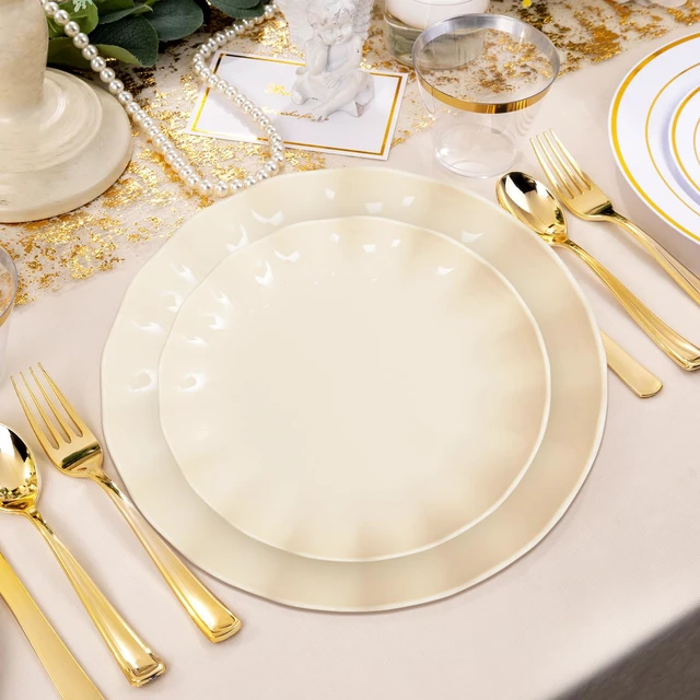 Alt view image 2 of 7 - 50 Pcs Beige Plastic Plates Reusable Unbreakable Dinner Plates Scalloped Plastic Plate Dishwasher Safe Ivory Plate Sets Perfect for Parties Birthday Picnics BPA Free (25Guests)