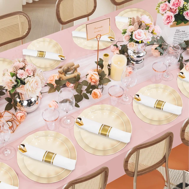 Alt view image 7 of 7 - 50 Pcs Beige Plastic Plates Reusable Unbreakable Dinner Plates Scalloped Plastic Plate Dishwasher Safe Ivory Plate Sets Perfect for Parties Birthday Picnics BPA Free (25Guests)