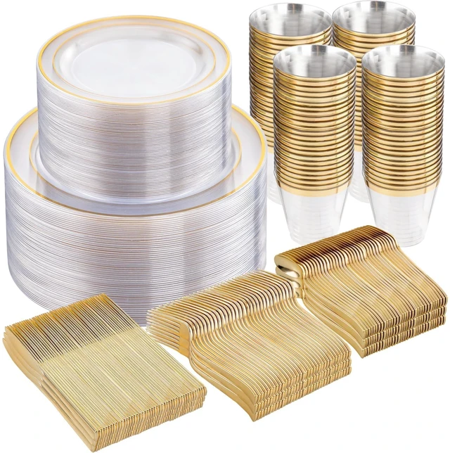 Main image of Clear Plates with Gold Trim, 600-Piece Plastic Dinnerware Set | Clear and gold plastic plates, gold cutlery and clear cups for weddings, receptions, showers and parties