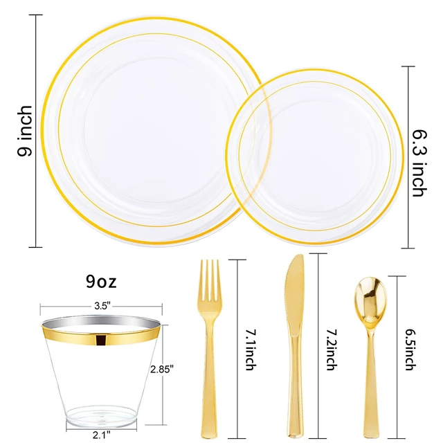 Alt view image 2 of 6 - Clear Plates with Gold Trim, 600-Piece Plastic Dinnerware Set | Clear and gold plastic plates, gold cutlery and clear cups for weddings, receptions, showers and parties