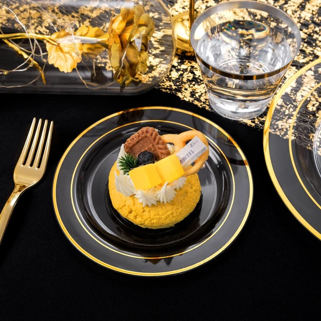 Alt view image 3 of 6 - Clear Plates with Gold Trim, 600-Piece Plastic Dinnerware Set | Clear and gold plastic plates, gold cutlery and clear cups for weddings, receptions, showers and parties