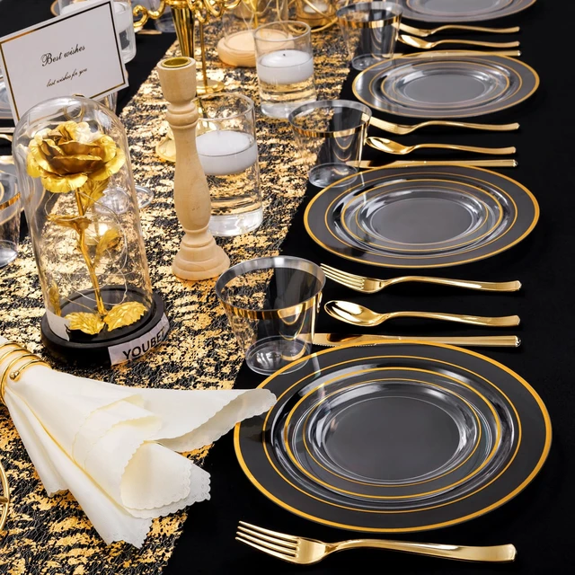 Alt view image 4 of 6 - Clear Plates with Gold Trim, 600-Piece Plastic Dinnerware Set | Clear and gold plastic plates, gold cutlery and clear cups for weddings, receptions, showers and parties