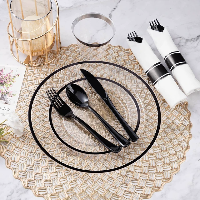 Alt view image 3 of 7 - 350 Pcs Clear Plastic Plates with Black Rim, Plastic Dinnerware | Disposable Plates for 50, Includes 100 Plates, 50 Pre Rolled Napkins with Cutlery Set, 50 Cups, for Halloween Party