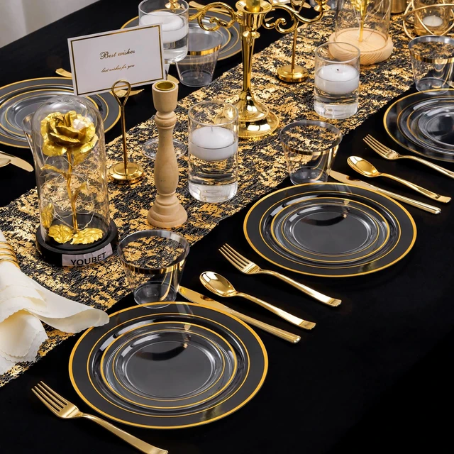 Alt view image 5 of 6 - Clear Plates with Gold Trim, 600-Piece Plastic Dinnerware Set | Clear and gold plastic plates, gold cutlery and clear cups for weddings, receptions, showers and parties