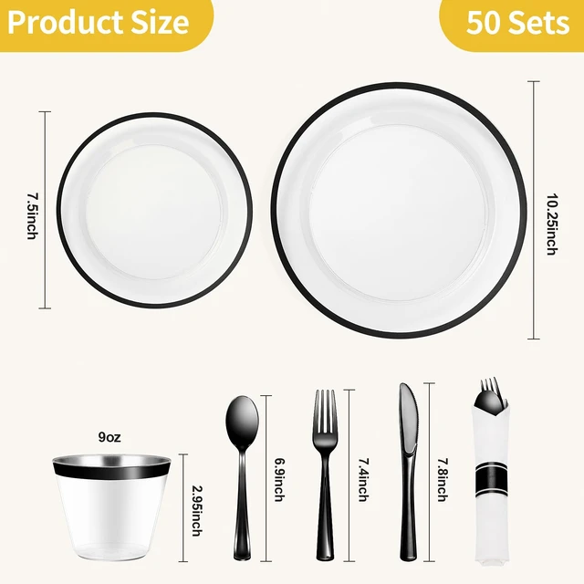 Alt view image 4 of 7 - 350 Pcs Clear Plastic Plates with Black Rim, Plastic Dinnerware | Disposable Plates for 50, Includes 100 Plates, 50 Pre Rolled Napkins with Cutlery Set, 50 Cups, for Halloween Party