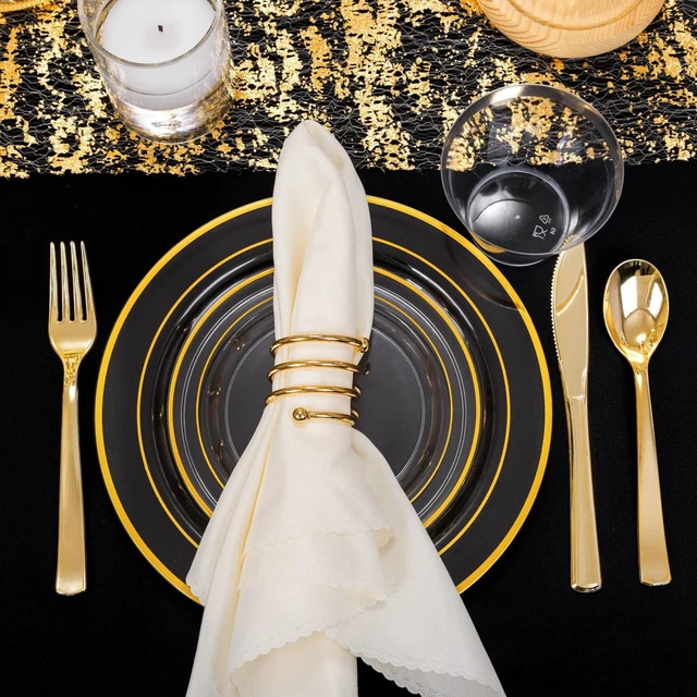 Alt view image 6 of 6 - Clear Plates with Gold Trim, 600-Piece Plastic Dinnerware Set | Clear and gold plastic plates, gold cutlery and clear cups for weddings, receptions, showers and parties