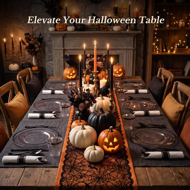 Alt view image 2 of 7 - 350 Pcs Clear Plastic Plates with Black Rim, Plastic Dinnerware | Disposable Plates for 50, Includes 100 Plates, 50 Pre Rolled Napkins with Cutlery Set, 50 Cups, for Halloween Party