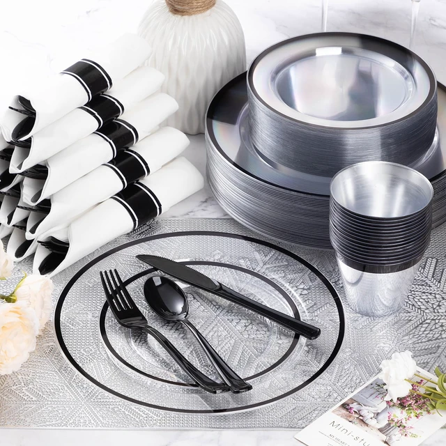 Alt view image 5 of 7 - 350 Pcs Clear Plastic Plates with Black Rim, Plastic Dinnerware | Disposable Plates for 50, Includes 100 Plates, 50 Pre Rolled Napkins with Cutlery Set, 50 Cups, for Halloween Party