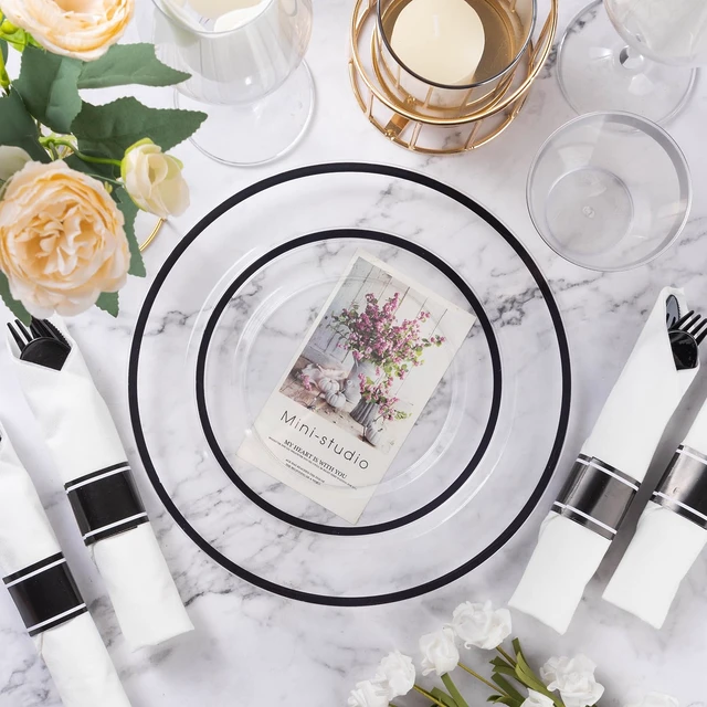Alt view image 6 of 7 - 350 Pcs Clear Plastic Plates with Black Rim, Plastic Dinnerware | Disposable Plates for 50, Includes 100 Plates, 50 Pre Rolled Napkins with Cutlery Set, 50 Cups, for Halloween Party