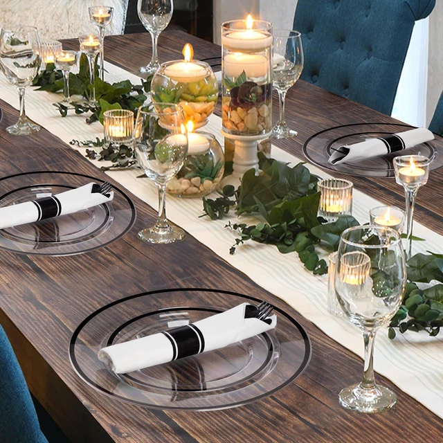 Alt view image 7 of 7 - 350 Pcs Clear Plastic Plates with Black Rim, Plastic Dinnerware | Disposable Plates for 50, Includes 100 Plates, 50 Pre Rolled Napkins with Cutlery Set, 50 Cups, for Halloween Party