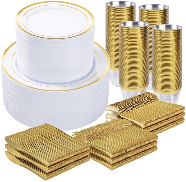 Main image of 600PCS Gold Dinnerware Set for 100 Guests, | for Party, 100 Gold Disposable Plates, 100 Dessert Plates, 100 Cups, 100 Spoons, 100 Forks and 100 Knives