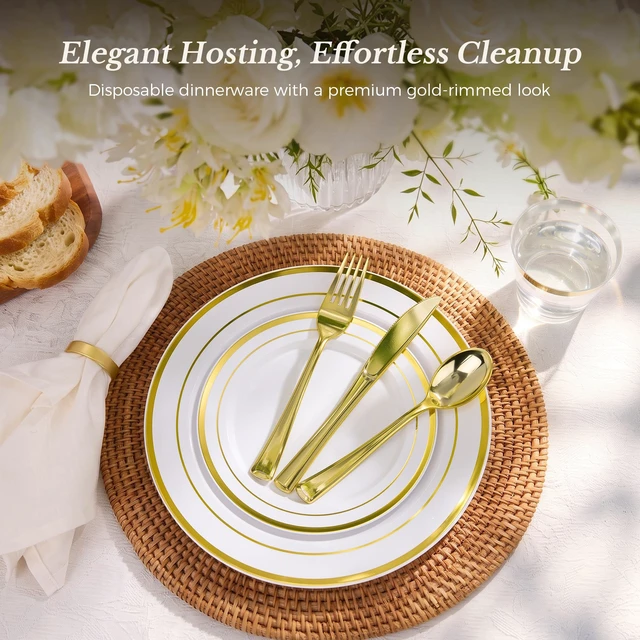 Alt view image 2 of 6 - 600PCS Gold Dinnerware Set for 100 Guests, | for Party, 100 Gold Disposable Plates, 100 Dessert Plates, 100 Cups, 100 Spoons, 100 Forks and 100 Knives
