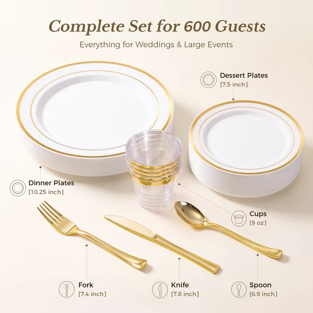 Alt view image 3 of 6 - 600PCS Gold Dinnerware Set for 100 Guests, | for Party, 100 Gold Disposable Plates, 100 Dessert Plates, 100 Cups, 100 Spoons, 100 Forks and 100 Knives
