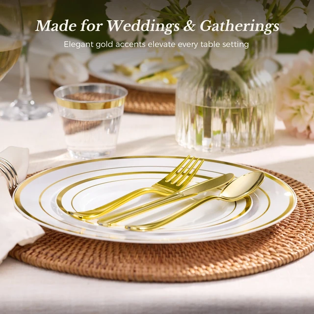 Alt view image 4 of 6 - 600PCS Gold Dinnerware Set for 100 Guests, | for Party, 100 Gold Disposable Plates, 100 Dessert Plates, 100 Cups, 100 Spoons, 100 Forks and 100 Knives