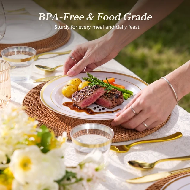Alt view image 5 of 6 - 600PCS Gold Dinnerware Set for 100 Guests, | for Party, 100 Gold Disposable Plates, 100 Dessert Plates, 100 Cups, 100 Spoons, 100 Forks and 100 Knives