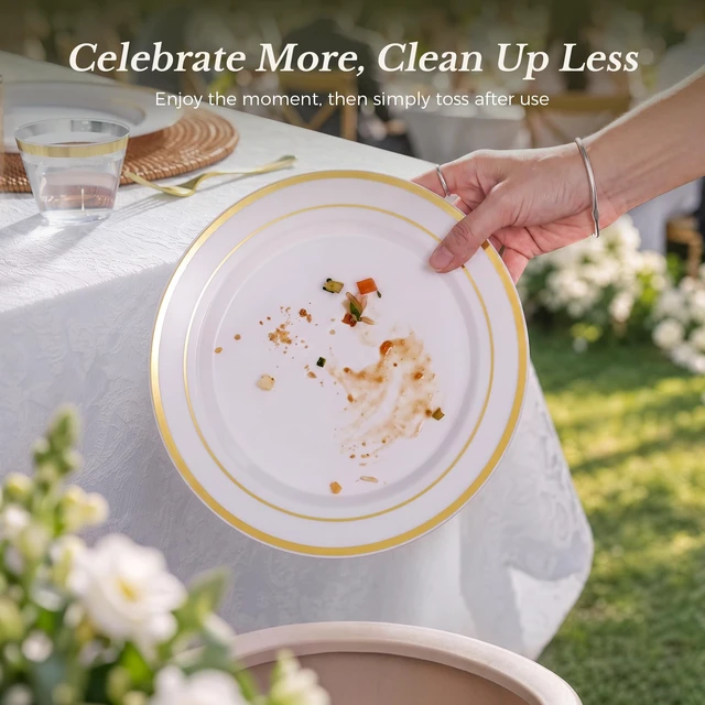 Alt view image 6 of 6 - 600PCS Gold Dinnerware Set for 100 Guests, | for Party, 100 Gold Disposable Plates, 100 Dessert Plates, 100 Cups, 100 Spoons, 100 Forks and 100 Knives
