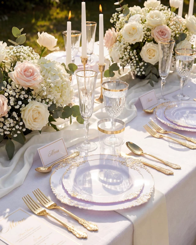 Alt view image 2 of 7 - 350Pcs Gold Plastic Plates, Disposable Dinnerware Set for 50 Guests | 100 White Disposable Plates, 50 Pre Rolled Silverware Set, 50 10oz Cups, Perfect for Wedding, Party, Back to School, BPA-free