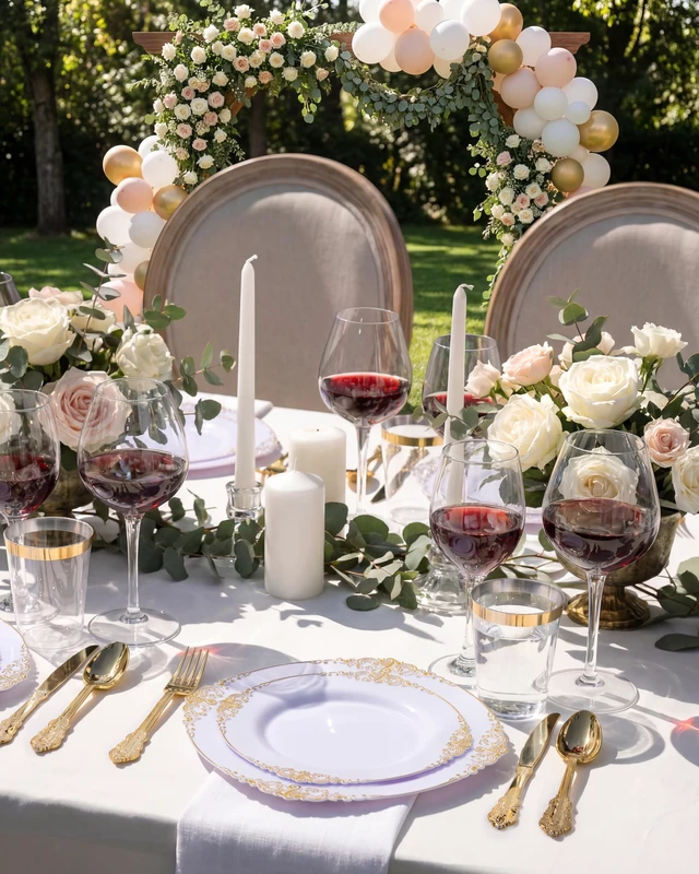 Alt view image 5 of 7 - 350Pcs Gold Plastic Plates, Disposable Dinnerware Set for 50 Guests | 100 White Disposable Plates, 50 Pre Rolled Silverware Set, 50 10oz Cups, Perfect for Wedding, Party, Back to School, BPA-free