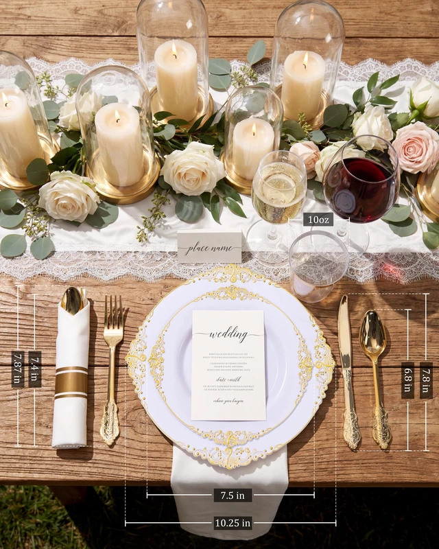 Alt view image 6 of 7 - 350Pcs Gold Plastic Plates, Disposable Dinnerware Set for 50 Guests | 100 White Disposable Plates, 50 Pre Rolled Silverware Set, 50 10oz Cups, Perfect for Wedding, Party, Back to School, BPA-free