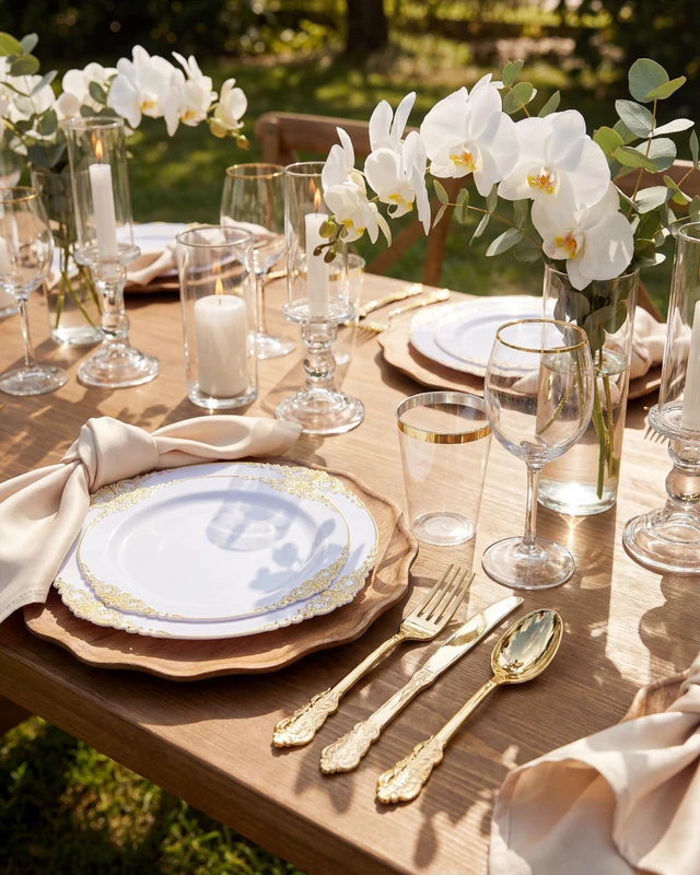 Alt view image 7 of 7 - 350Pcs Gold Plastic Plates, Disposable Dinnerware Set for 50 Guests | 100 White Disposable Plates, 50 Pre Rolled Silverware Set, 50 10oz Cups, Perfect for Wedding, Party, Back to School, BPA-free