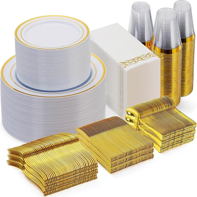 Main image of 700 Piece Gold Dinnerware Set for 100 Guests, Disposable Plate Set | Include: 100 Gold Rim Dinner Plates, 100 Dessert Plates, 100 Paper Napkins, 100 Cups, 100 Plastic Silverware Set for Wedding