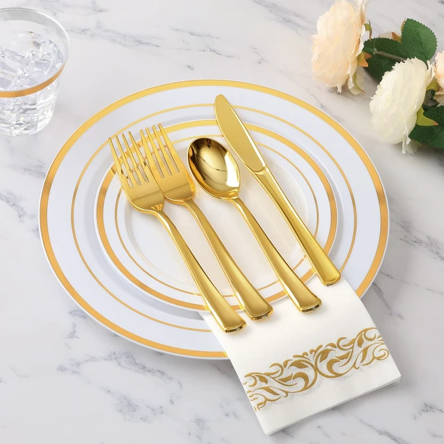 Alt view image 2 of 6 - 700 Piece Gold Dinnerware Set for 100 Guests, Disposable Plate Set | Include: 100 Gold Rim Dinner Plates, 100 Dessert Plates, 100 Paper Napkins, 100 Cups, 100 Plastic Silverware Set for Wedding