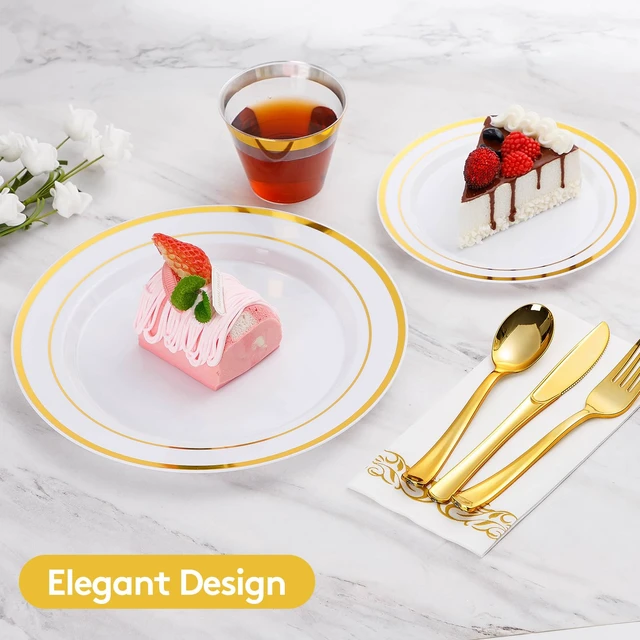 Alt view image 3 of 6 - 700 Piece Gold Dinnerware Set for 100 Guests, Disposable Plate Set | Include: 100 Gold Rim Dinner Plates, 100 Dessert Plates, 100 Paper Napkins, 100 Cups, 100 Plastic Silverware Set for Wedding