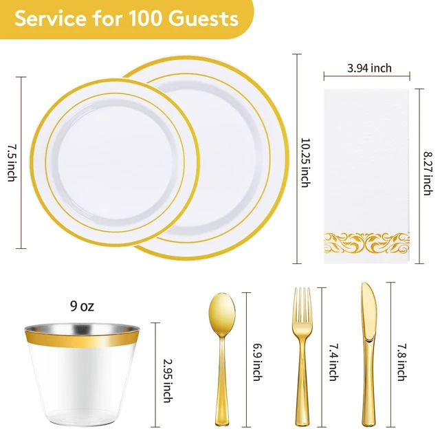 Alt view image 4 of 6 - 700 Piece Gold Dinnerware Set for 100 Guests, Disposable Plate Set | Include: 100 Gold Rim Dinner Plates, 100 Dessert Plates, 100 Paper Napkins, 100 Cups, 100 Plastic Silverware Set for Wedding