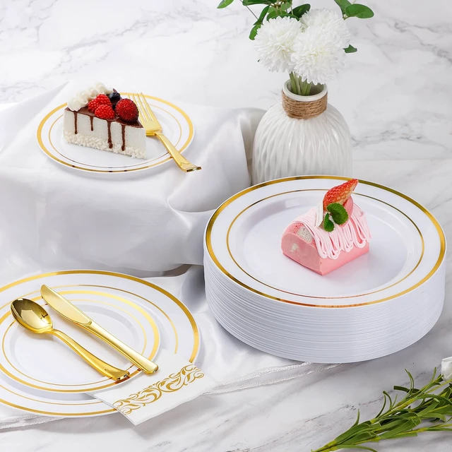 Alt view image 5 of 6 - 700 Piece Gold Dinnerware Set for 100 Guests, Disposable Plate Set | Include: 100 Gold Rim Dinner Plates, 100 Dessert Plates, 100 Paper Napkins, 100 Cups, 100 Plastic Silverware Set for Wedding