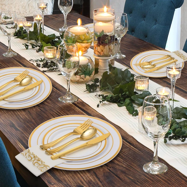 Alt view image 6 of 6 - 700 Piece Gold Dinnerware Set for 100 Guests, Disposable Plate Set | Include: 100 Gold Rim Dinner Plates, 100 Dessert Plates, 100 Paper Napkins, 100 Cups, 100 Plastic Silverware Set for Wedding