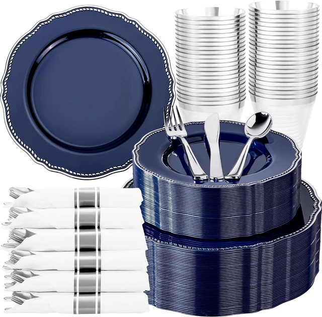 Main image of 350 Pcs Blue Silver Plastic Plates Wedding & Party | Silver Plastic Dinnerware Set Includes 50 Dinner Plates, 50 Dessert Dinnerware, 50 Cups, 50 Napkins