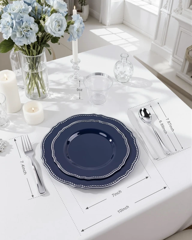 Alt view image 3 of 7 - 350 Pcs Blue Silver Plastic Plates Wedding & Party | Silver Plastic Dinnerware Set Includes 50 Dinner Plates, 50 Dessert Dinnerware, 50 Cups, 50 Napkins