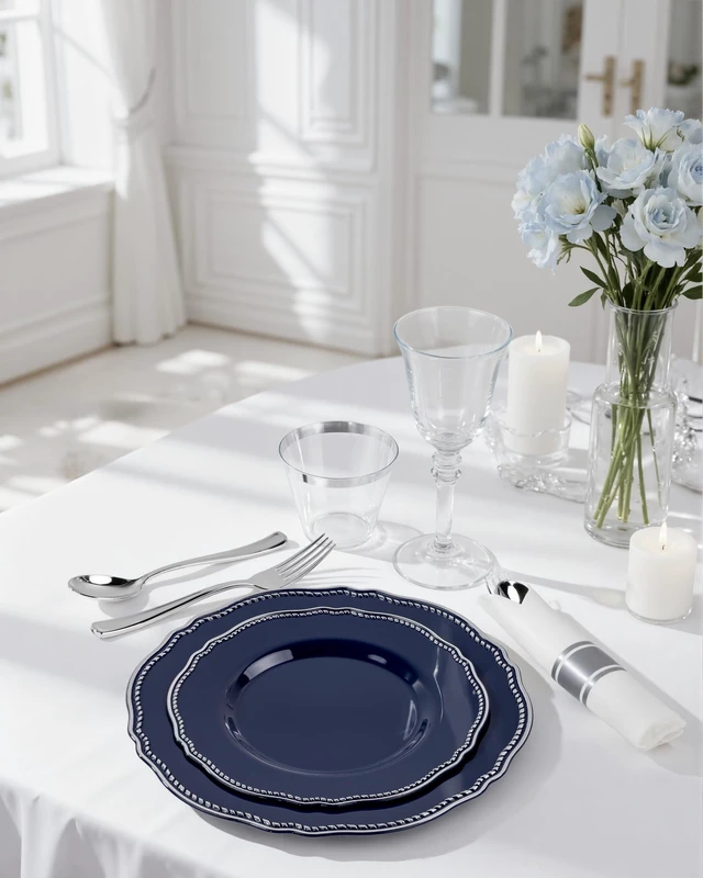 Alt view image 2 of 7 - 350 Pcs Blue Silver Plastic Plates Wedding & Party | Silver Plastic Dinnerware Set Includes 50 Dinner Plates, 50 Dessert Dinnerware, 50 Cups, 50 Napkins