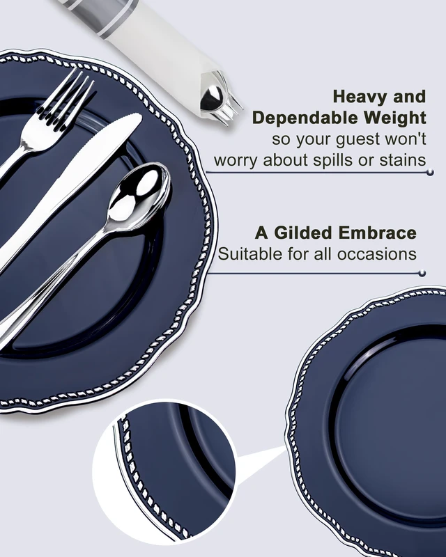 Alt view image 4 of 7 - 350 Pcs Blue Silver Plastic Plates Wedding & Party | Silver Plastic Dinnerware Set Includes 50 Dinner Plates, 50 Dessert Dinnerware, 50 Cups, 50 Napkins