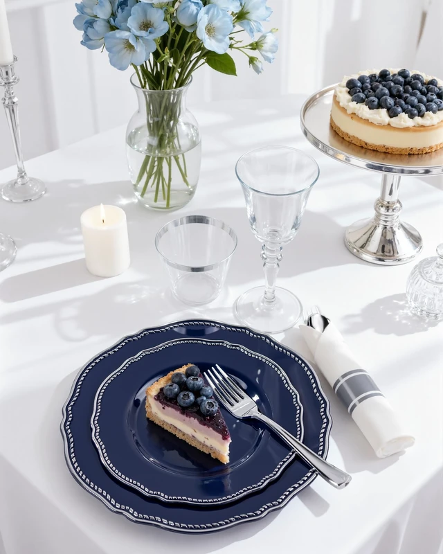 Alt view image 6 of 7 - 350 Pcs Blue Silver Plastic Plates Wedding & Party | Silver Plastic Dinnerware Set Includes 50 Dinner Plates, 50 Dessert Dinnerware, 50 Cups, 50 Napkins