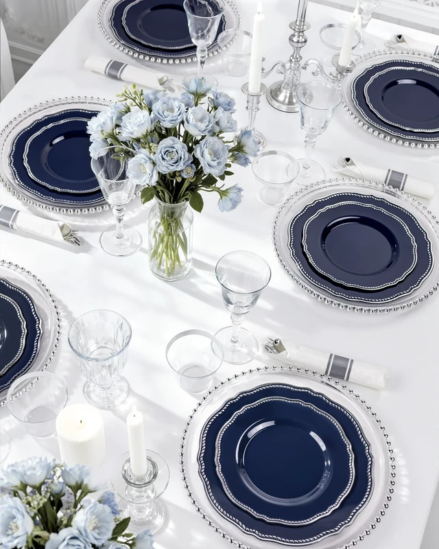 Alt view image 5 of 7 - 350 Pcs Blue Silver Plastic Plates Wedding & Party | Silver Plastic Dinnerware Set Includes 50 Dinner Plates, 50 Dessert Dinnerware, 50 Cups, 50 Napkins