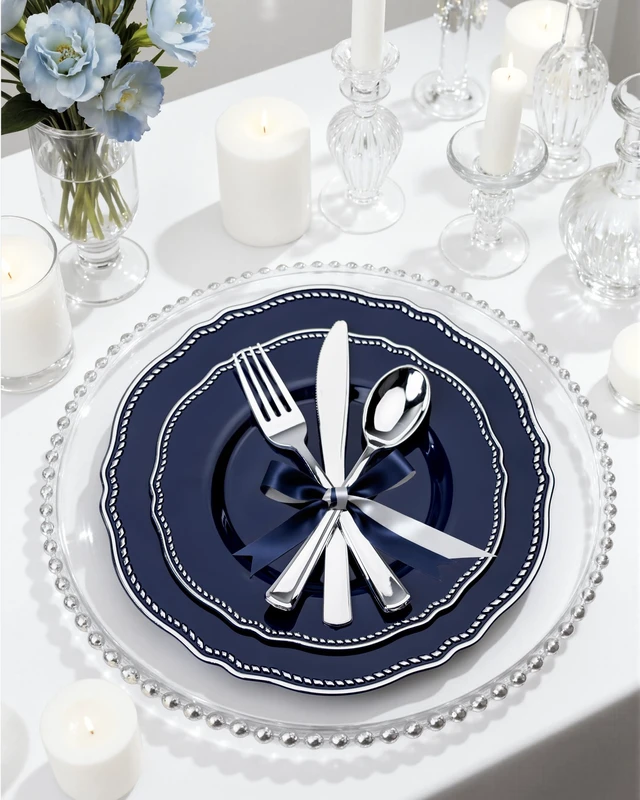 Alt view image 7 of 7 - 350 Pcs Blue Silver Plastic Plates Wedding & Party | Silver Plastic Dinnerware Set Includes 50 Dinner Plates, 50 Dessert Dinnerware, 50 Cups, 50 Napkins