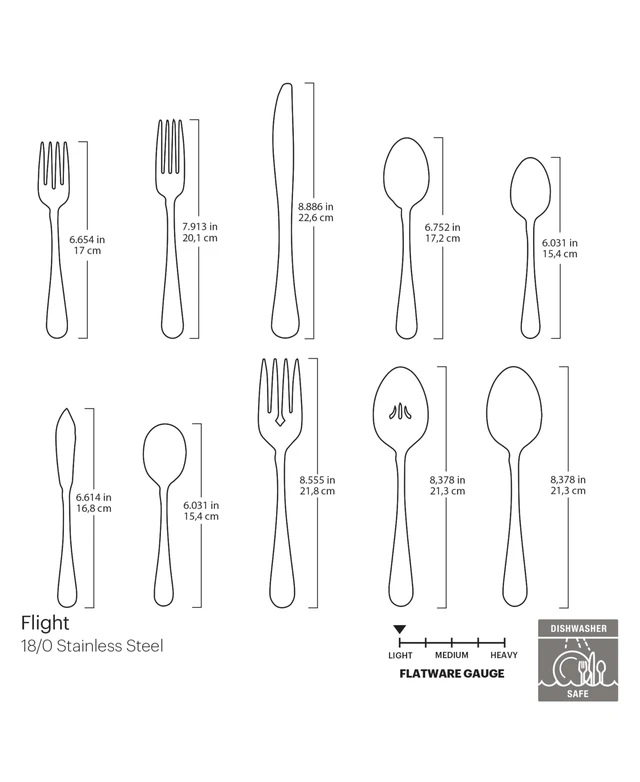 Alt view image 2 of 7 - Flatware Flight 18/0 Silverware Set for 8, (45-Piece) | silver | light weight | stainless steel | dishwasher safe do not soak in water | cutlery knives forks spoons serving utensils