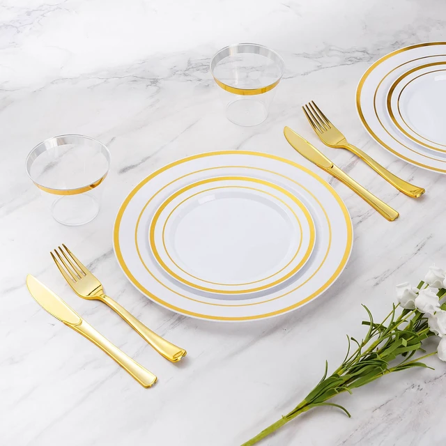 Alt view image 2 of 6 - 600 Pieces Gold Disposable Plastic Plates for 100 Guests | Include: Dinnerware Set of 100 Dinner and 100 Dessert Plates, 100 Spoons, 100 Forks, 100 Knives, 100 Cups Plates for Party