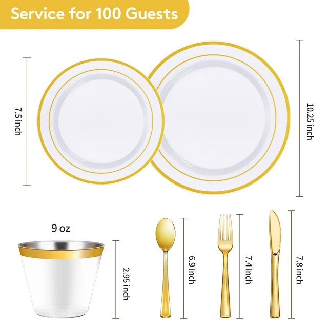 Alt view image 3 of 6 - 600 Pieces Gold Disposable Plastic Plates for 100 Guests | Include: Dinnerware Set of 100 Dinner and 100 Dessert Plates, 100 Spoons, 100 Forks, 100 Knives, 100 Cups Plates for Party