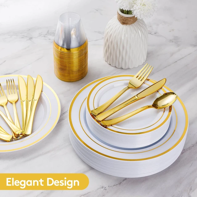 Alt view image 4 of 6 - 600 Pieces Gold Disposable Plastic Plates for 100 Guests | Include: Dinnerware Set of 100 Dinner and 100 Dessert Plates, 100 Spoons, 100 Forks, 100 Knives, 100 Cups Plates for Party