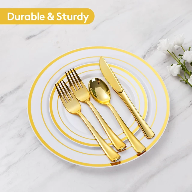 Alt view image 5 of 6 - 600 Pieces Gold Disposable Plastic Plates for 100 Guests | Include: Dinnerware Set of 100 Dinner and 100 Dessert Plates, 100 Spoons, 100 Forks, 100 Knives, 100 Cups Plates for Party