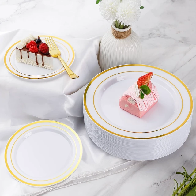 Alt view image 6 of 6 - 600 Pieces Gold Disposable Plastic Plates for 100 Guests | Include: Dinnerware Set of 100 Dinner and 100 Dessert Plates, 100 Spoons, 100 Forks, 100 Knives, 100 Cups Plates for Party