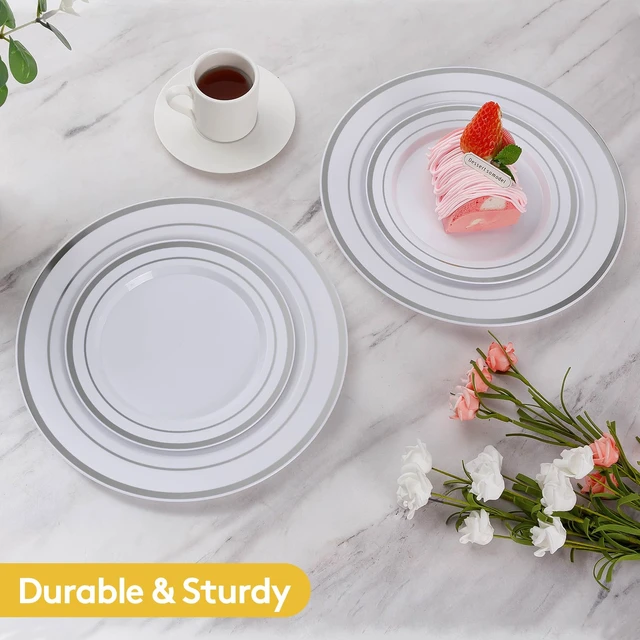 Alt view image 2 of 7 - 200PCS Silver Plastic Plates,Heavy Duty Disposable Silver Plates | 100 10.25 inch Dinner Plates and 100 7.5 inch Dessert Plates, Disposable Plates for Party, Holiday, Wedding