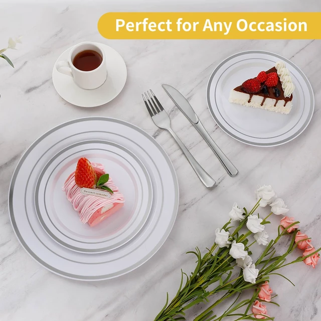 Alt view image 3 of 7 - 200PCS Silver Plastic Plates,Heavy Duty Disposable Silver Plates | 100 10.25 inch Dinner Plates and 100 7.5 inch Dessert Plates, Disposable Plates for Party, Holiday, Wedding