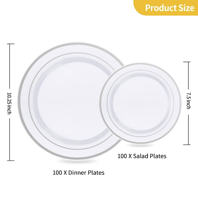 Alt view image 4 of 7 - 200PCS Silver Plastic Plates,Heavy Duty Disposable Silver Plates | 100 10.25 inch Dinner Plates and 100 7.5 inch Dessert Plates, Disposable Plates for Party, Holiday, Wedding