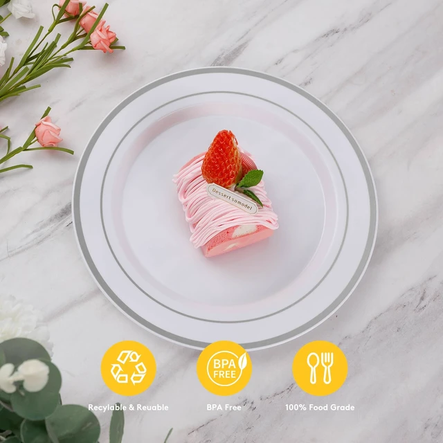 Alt view image 5 of 7 - 200PCS Silver Plastic Plates,Heavy Duty Disposable Silver Plates | 100 10.25 inch Dinner Plates and 100 7.5 inch Dessert Plates, Disposable Plates for Party, Holiday, Wedding